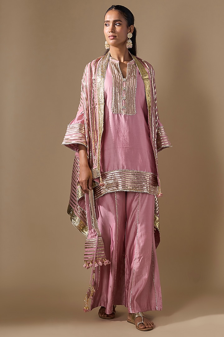 Pink Chanderi Satin Embroidered & Printed Kurta Set by ROHIT VERMA at Pernia's Pop Up Shop