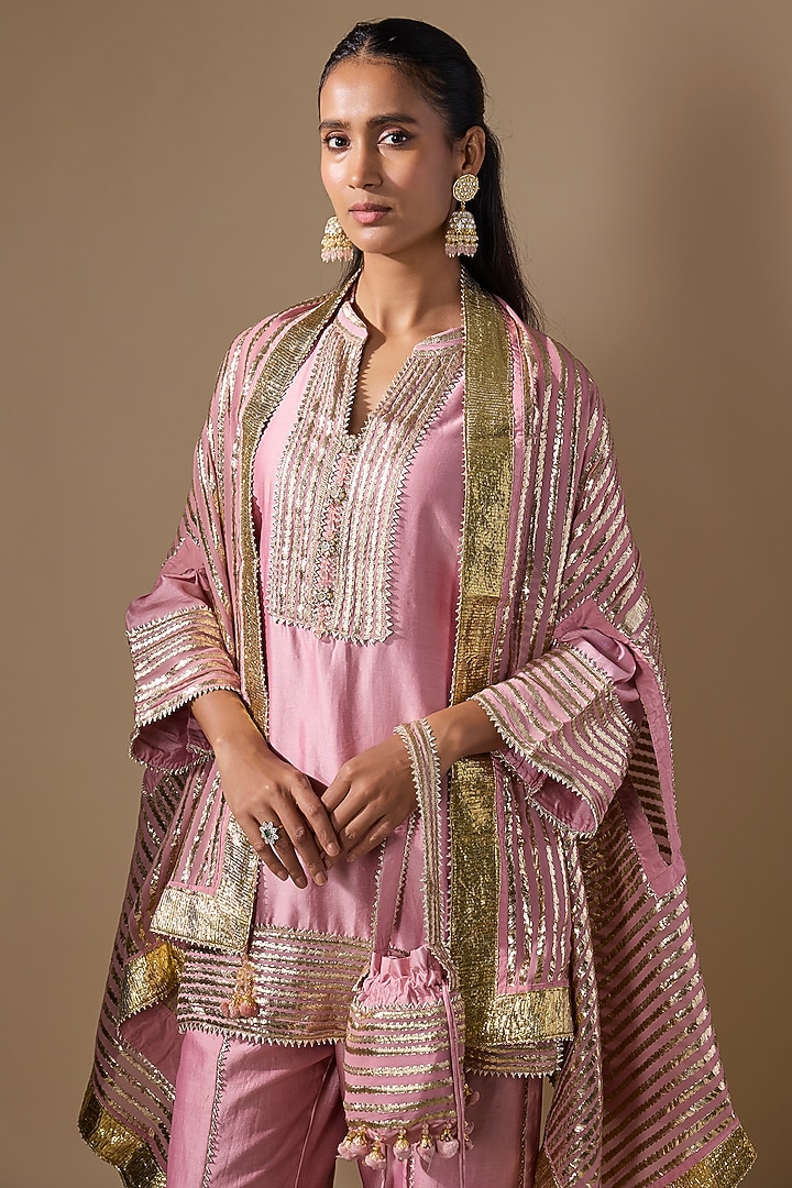 Pink Chanderi Satin Embroidered & Printed Kurta Set by ROHIT VERMA at Pernia's Pop Up Shop