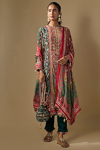 Green Crepe Embroidered & Printed Kurta Set by ROHIT VERMA