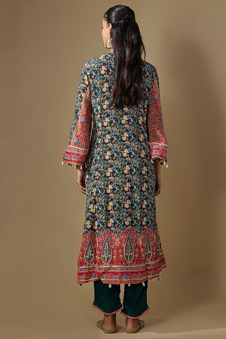 Green Crepe Embroidered & Printed Kurta Set by ROHIT VERMA at Pernia's Pop Up Shop