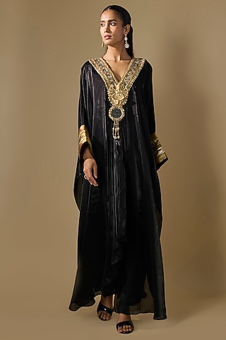 Black Organza Tissue Embroidered Kaftan Set by ROHIT VERMA