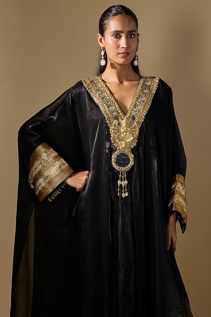 Black Organza Tissue Embroidered Kaftan Set by ROHIT VERMA at Pernia's Pop Up Shop