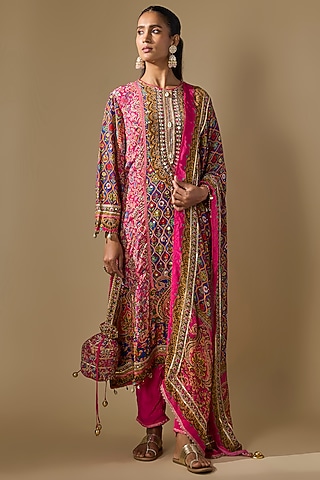 Pink Crepe Embroidered & Printed Kurta Set by ROHIT VERMA