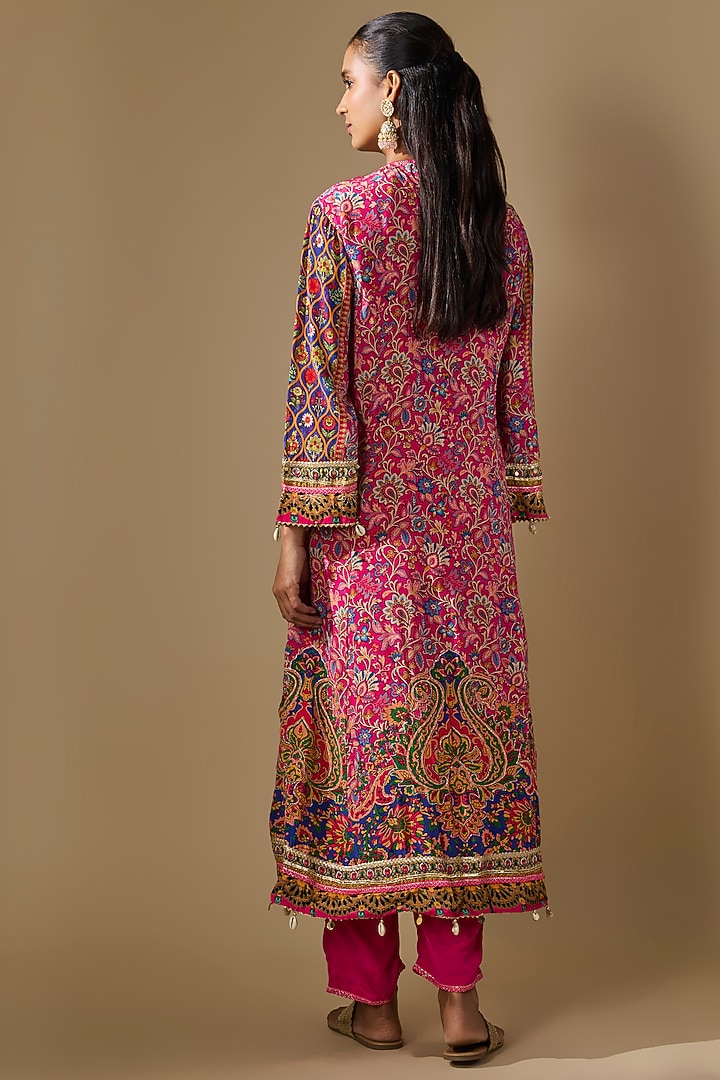 Pink Crepe Embroidered & Printed Kurta Set by ROHIT VERMA at Pernia's Pop Up Shop