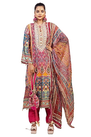 Multi-Colored Crepe Digital Printed & Gota Embroidered Kurta Set by ROHIT VERMA
