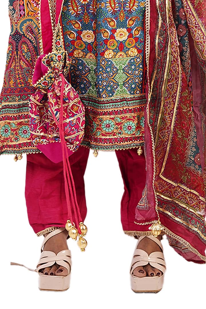 Multi-Colored Crepe Digital Printed & Gota Embroidered Kurta Set by ROHIT VERMA at Pernia's Pop Up Shop