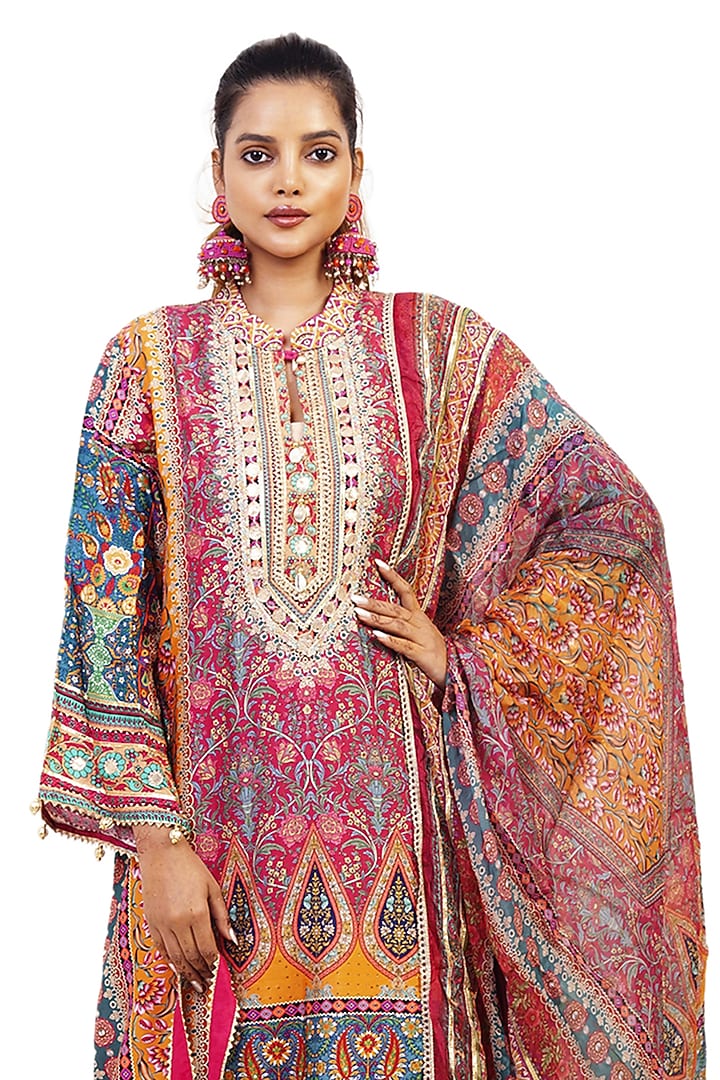 Multi-Colored Crepe Digital Printed & Gota Embroidered Kurta Set by ROHIT VERMA at Pernia's Pop Up Shop