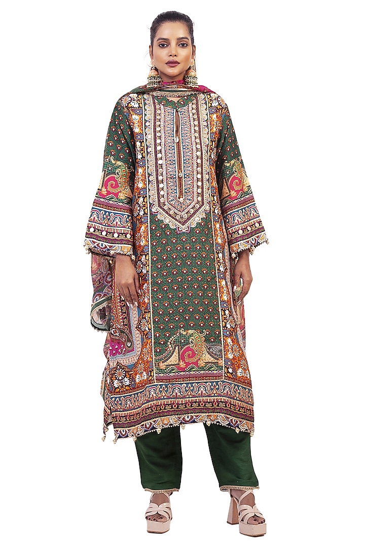 Multi-Colored Crepe Digital Printed & Gota Embroidered Kurta Set by ROHIT VERMA at Pernia's Pop Up Shop