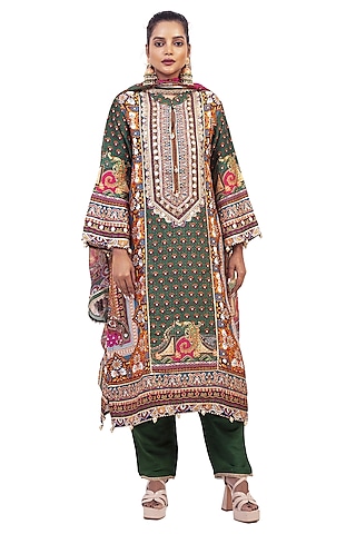 Multi-Colored Crepe Digital Printed & Gota Embroidered Kurta Set by ROHIT VERMA