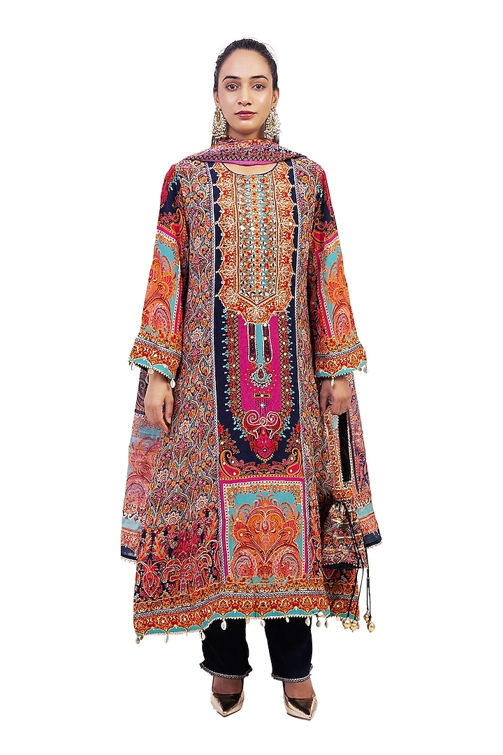 Multi-Colored Crepe Digital Printed & Gota Embroidered Kurta Set by ROHIT VERMA at Pernia's Pop Up Shop