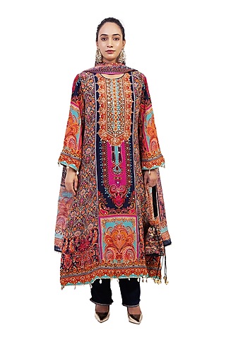 Multi-Colored Crepe Digital Printed & Gota Embroidered Kurta Set by ROHIT VERMA