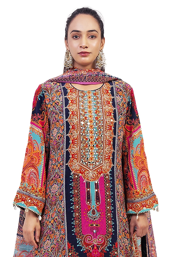 Multi-Colored Crepe Digital Printed & Gota Embroidered Kurta Set by ROHIT VERMA at Pernia's Pop Up Shop