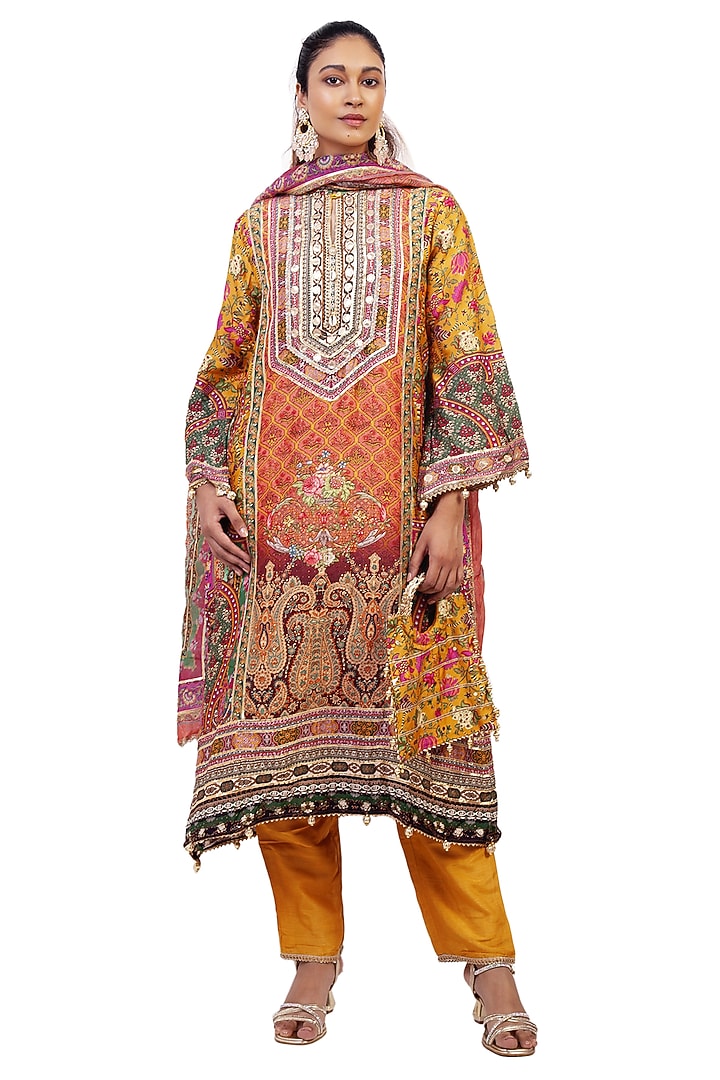 Multi-Colored Crepe Digital Printed & Gota Embroidered Kurta Set by ROHIT VERMA at Pernia's Pop Up Shop
