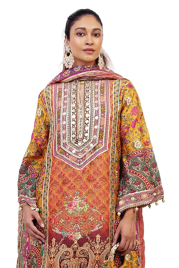 Multi-Colored Crepe Digital Printed & Gota Embroidered Kurta Set by ROHIT VERMA at Pernia's Pop Up Shop