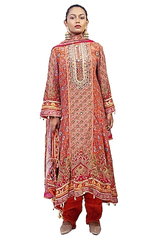 Multi-Colored Crepe Digital Printed & Gota Embroidered Kurta Set by ROHIT VERMA