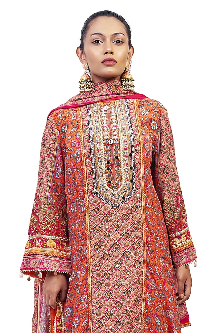 Multi-Colored Crepe Digital Printed & Gota Embroidered Kurta Set by ROHIT VERMA at Pernia's Pop Up Shop