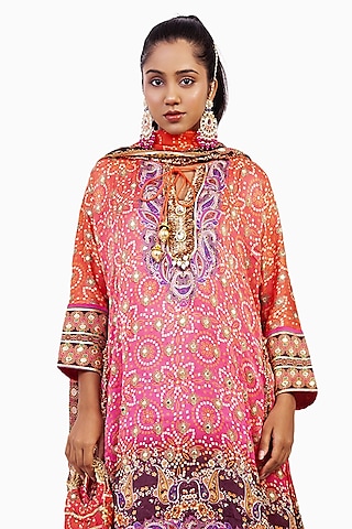 Multi-Colored Crepe Digital Printed & Gota Embroidered Kurta Set by ROHIT VERMA