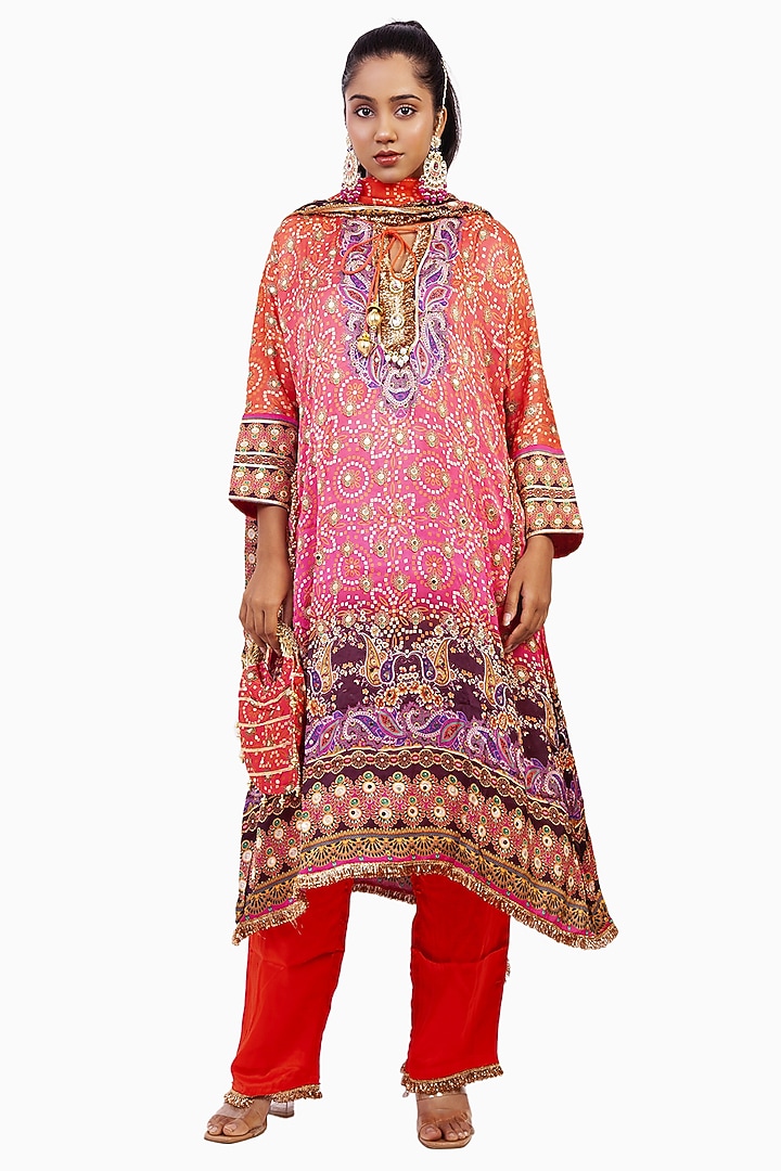 Multi-Colored Crepe Digital Printed & Gota Embroidered Kurta Set by ROHIT VERMA at Pernia's Pop Up Shop