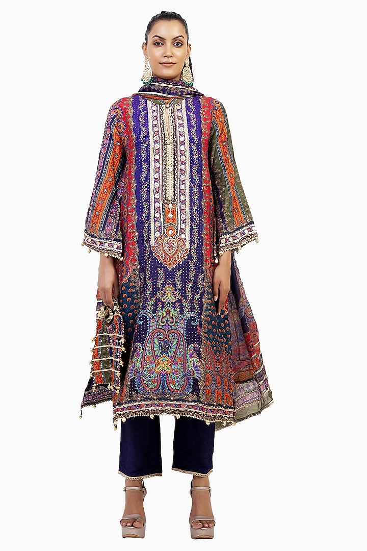 Multi-Colored Crepe Digital Printed & Gota Embroidered Kurta Set by ROHIT VERMA at Pernia's Pop Up Shop