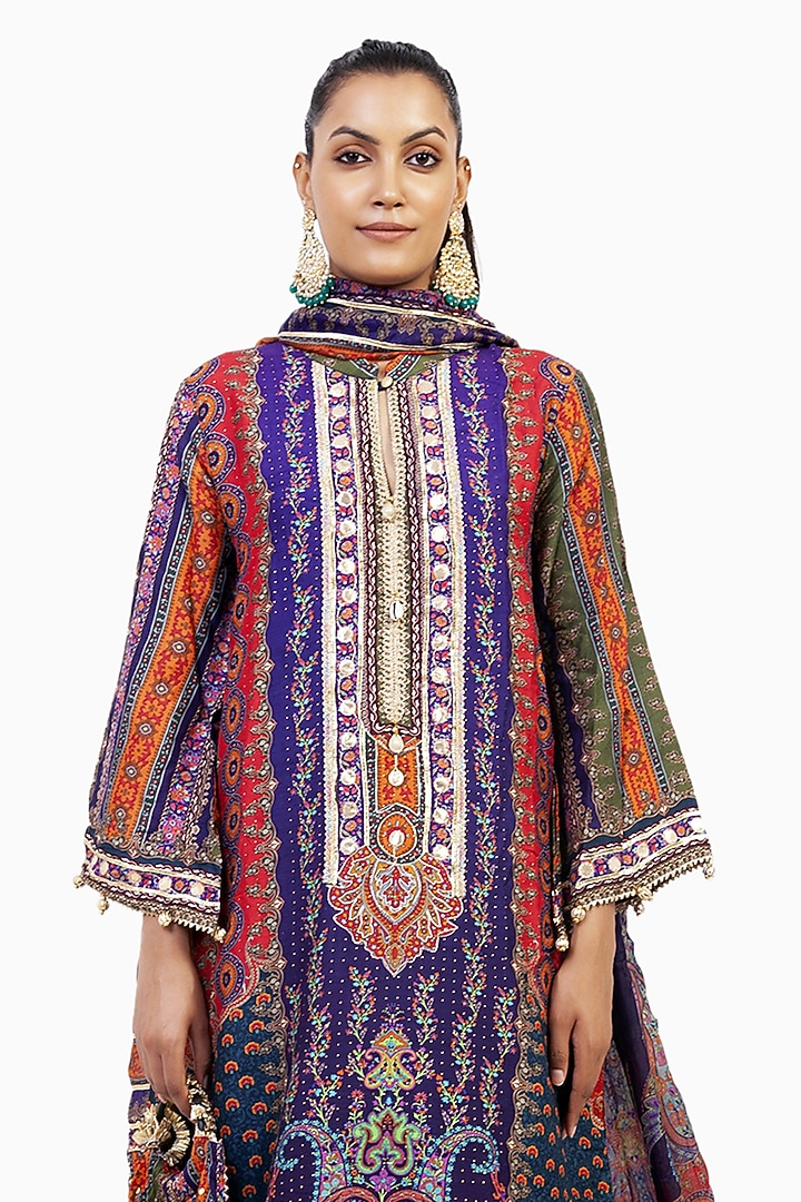 Multi-Colored Crepe Digital Printed & Gota Embroidered Kurta Set by ROHIT VERMA at Pernia's Pop Up Shop