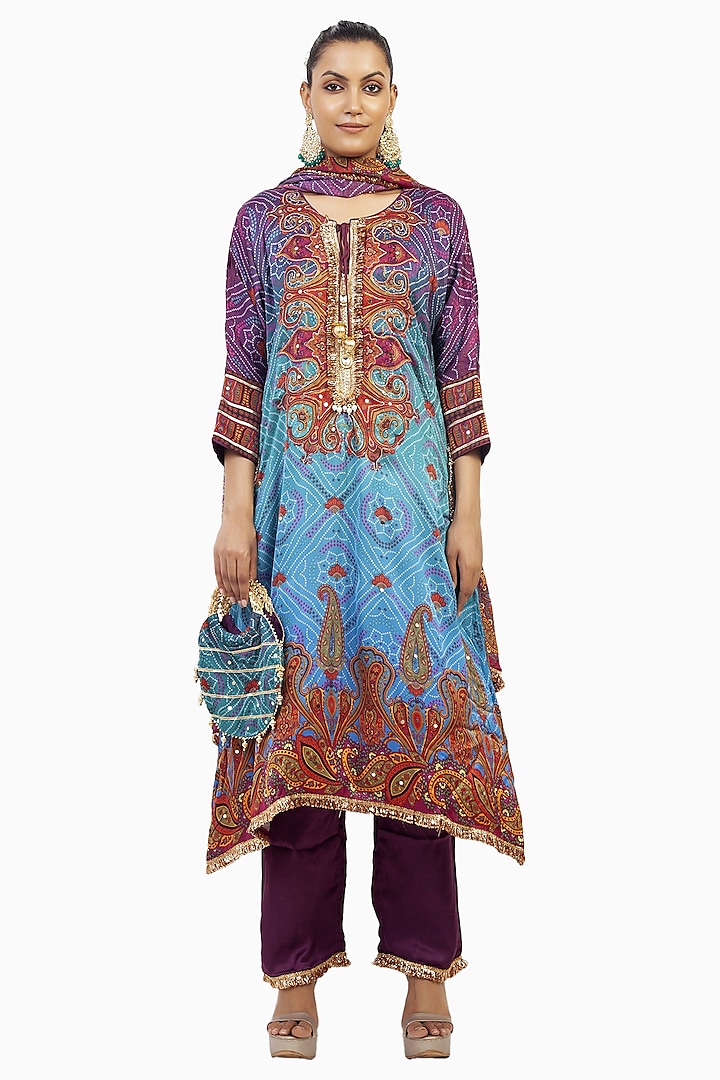 Multi-Colored Crepe Digital Printed & Gota Embroidered Kurta Set by ROHIT VERMA at Pernia's Pop Up Shop