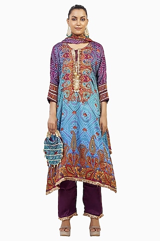 Multi-Colored Crepe Digital Printed & Gota Embroidered Kurta Set by ROHIT VERMA