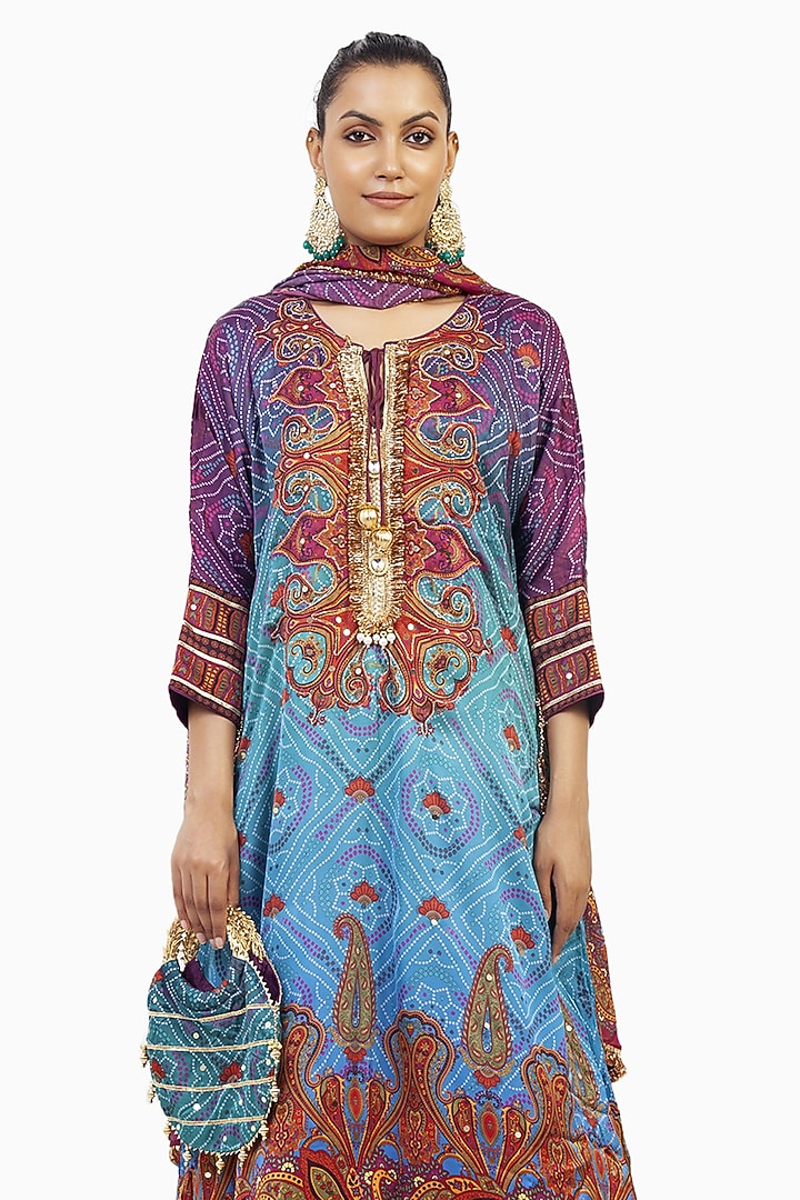 Multi-Colored Crepe Digital Printed & Gota Embroidered Kurta Set by ROHIT VERMA at Pernia's Pop Up Shop