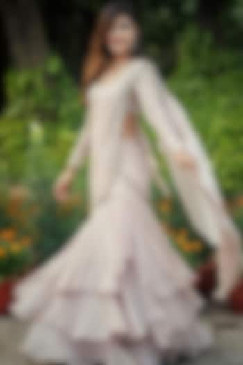 Dusty Pink Georgette Ruffled Pre-Draped Fish-Tail Wedding Saree Set by SHLOKA KHIALANI at Pernia's Pop Up Shop