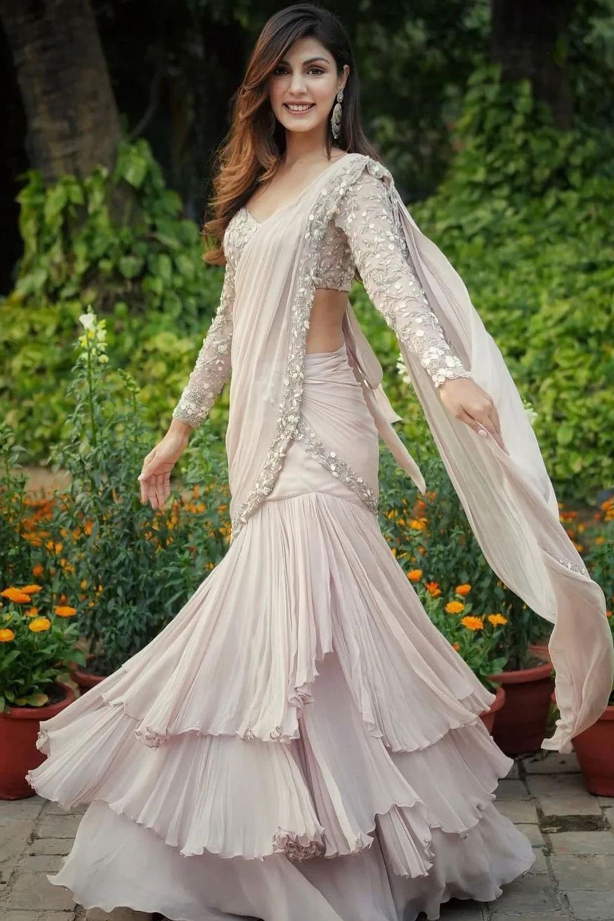 Dusty Pink Georgette Ruffled Pre-Draped Fish-Tail Saree Set by