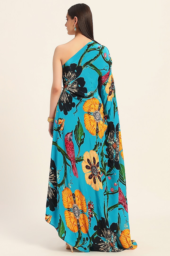 Firozi Blue Crepe Digital Printed One-Shoulder Kaftan Vacation Dress by RUHR INDIA at Pernia's Pop Up Shop