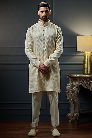 Light Beige Silk Kurta by Ritu & Abhishek