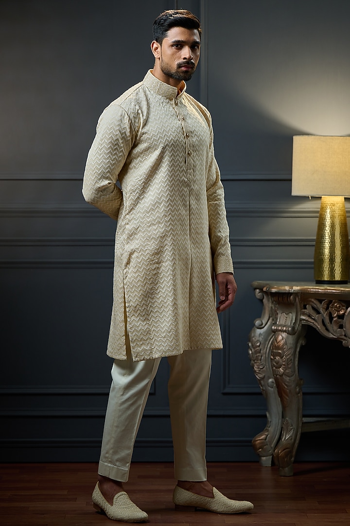 Light Beige Silk Kurta by Ritu & Abhishek at Pernia's Pop Up Shop