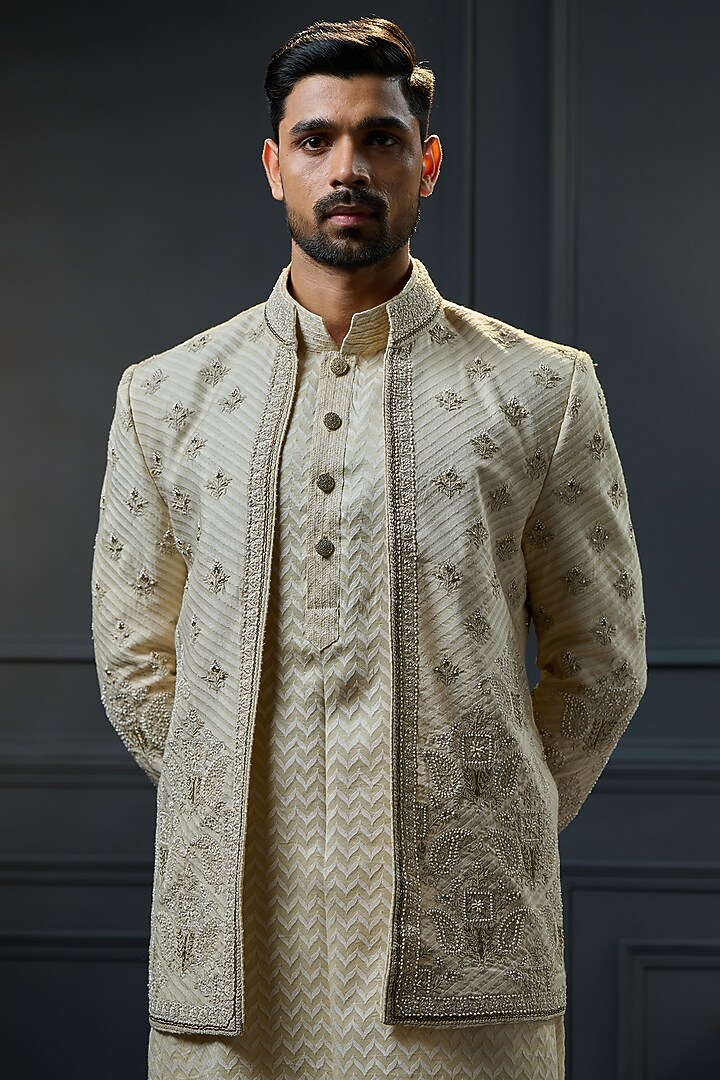 Beige Silk Printed Indo-Western Jacket Set by Ritu & Abhishek at Pernia's Pop Up Shop