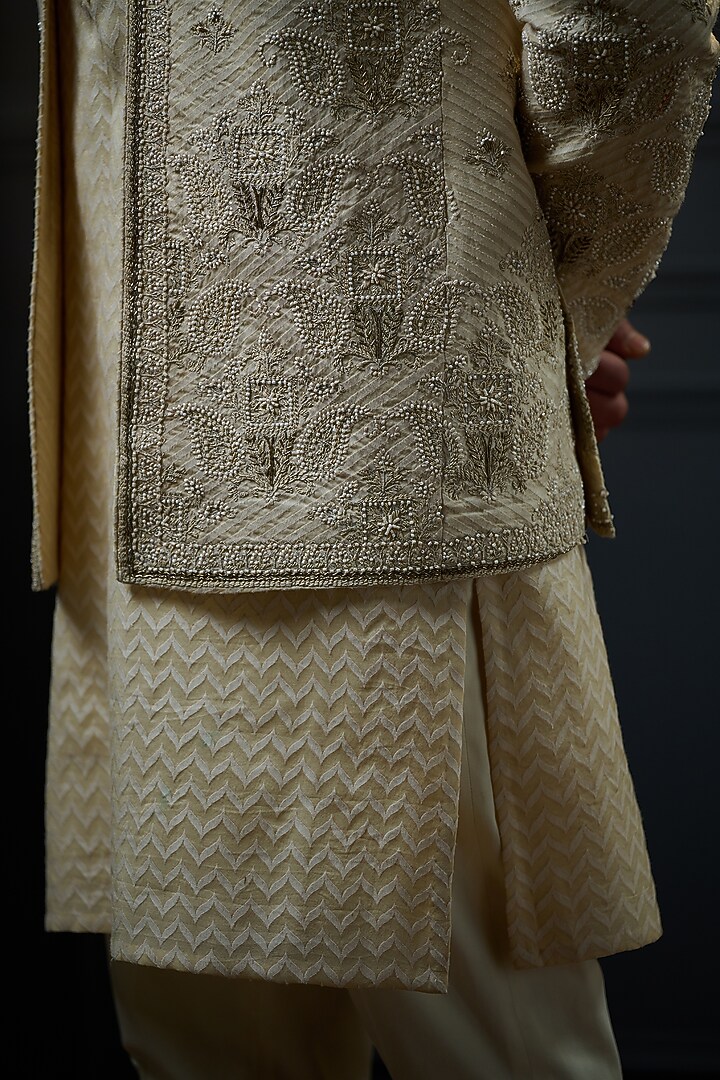 Beige Silk Printed Indo-Western Jacket Set by Ritu & Abhishek at Pernia's Pop Up Shop