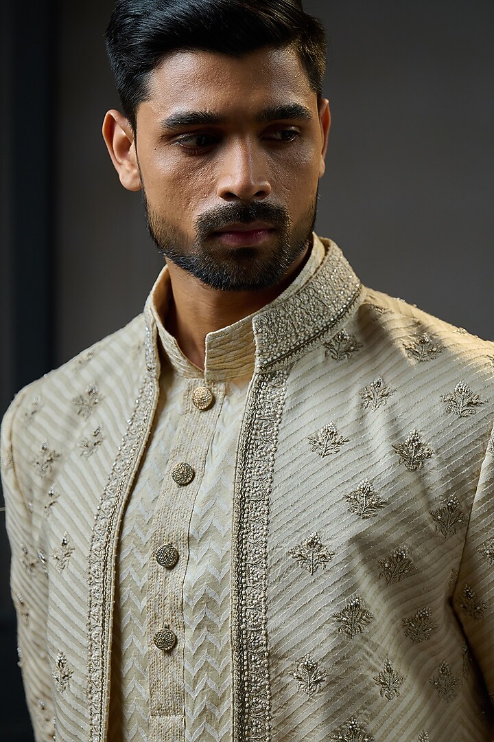 Beige Silk Printed Indo-Western Jacket Set by Ritu & Abhishek at Pernia's Pop Up Shop