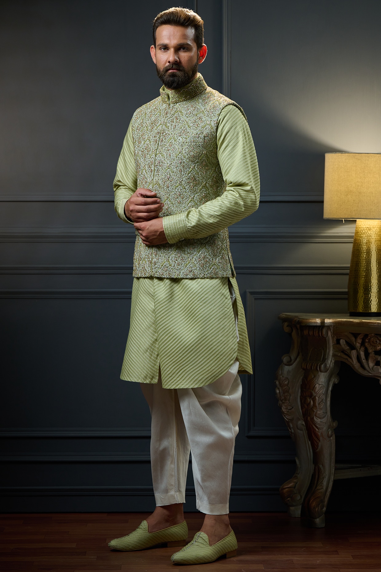 Shop Pista Green Art Silk Computer Thread Nehru Jacket With Kurta Pyjama  Party Wear Online at Best Price | Cbazaar