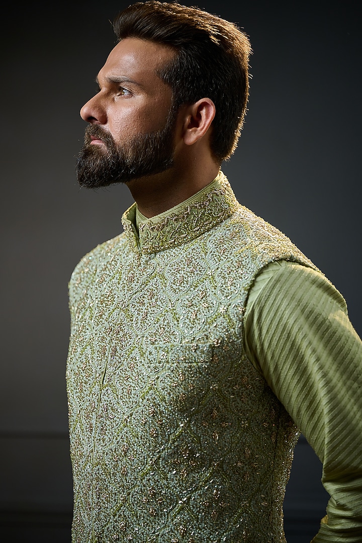 Sage Green Fine Silk Motif Embroidered Nehru Jacket by Ritu & Abhishek at Pernia's Pop Up Shop