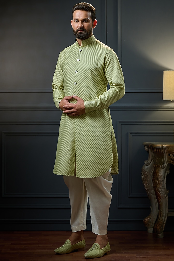 Sage Green Fine Silk Motif Embroidered Nehru Jacket by Ritu & Abhishek at Pernia's Pop Up Shop
