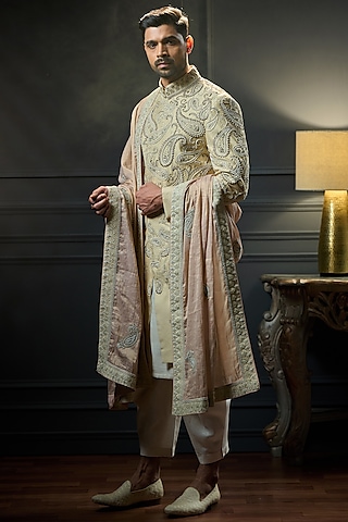 Gold Beige Silk Paisley Embroidered Sherwani Set by Ritu & Abhishek