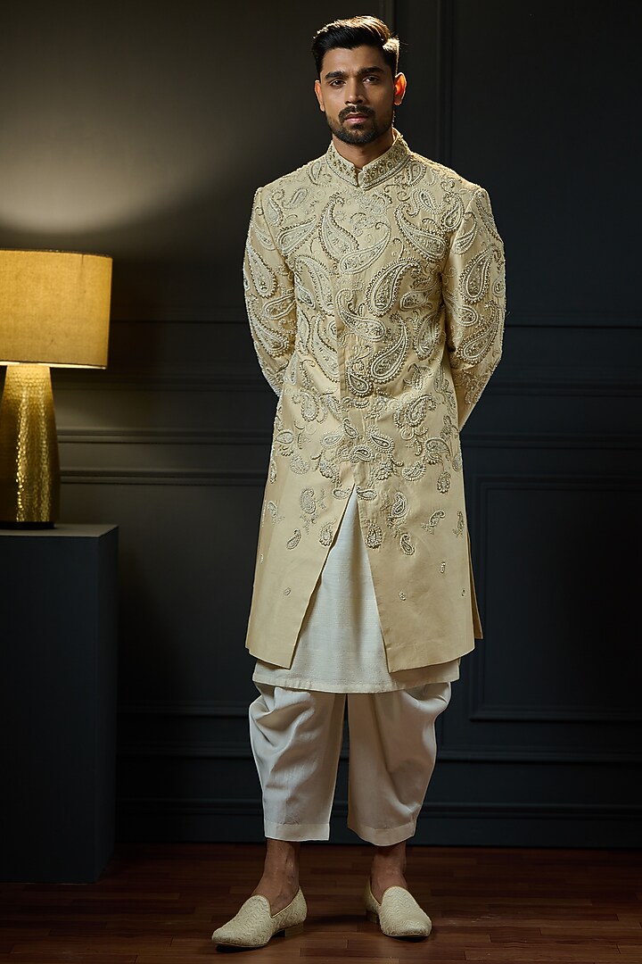 Gold Beige Silk Paisley Embroidered Groom Sherwani Set by Ritu & Abhishek at Pernia's Pop Up Shop