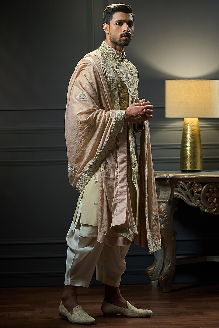 Gold Beige Silk Paisley Embroidered Groom Sherwani Set by Ritu & Abhishek at Pernia's Pop Up Shop