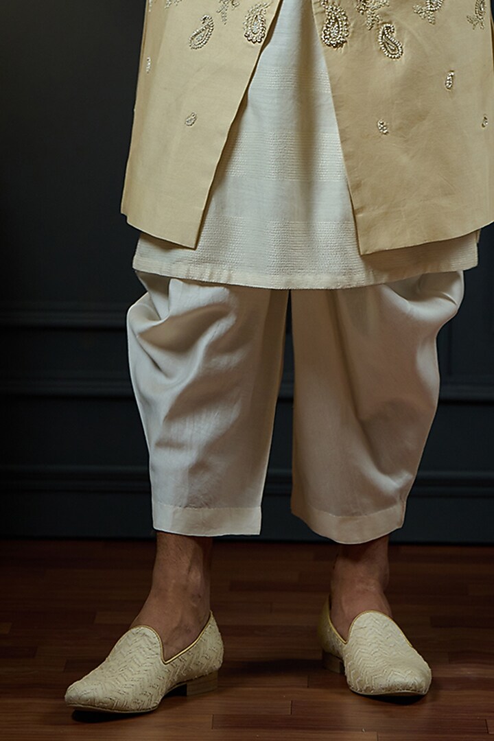 Gold Beige Silk Paisley Embroidered Groom Sherwani Set by Ritu & Abhishek at Pernia's Pop Up Shop