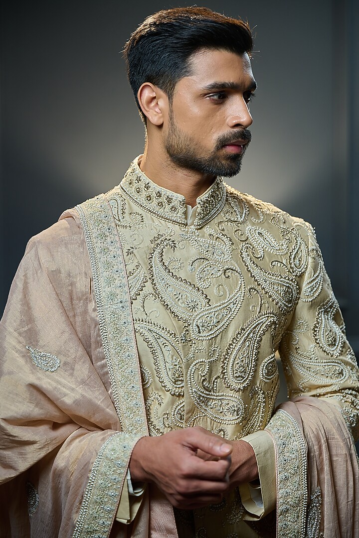 Gold Beige Silk Paisley Embroidered Groom Sherwani Set by Ritu & Abhishek at Pernia's Pop Up Shop