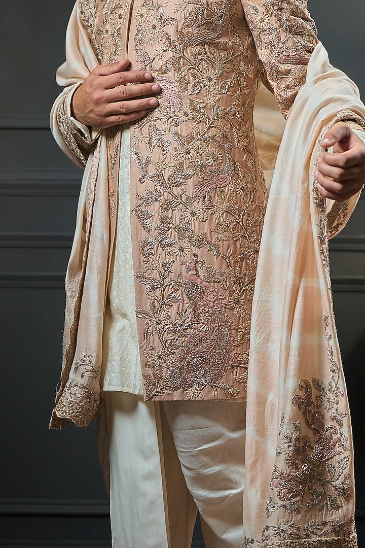 Dusty Rose Embroidered Groom Sherwani Set by Ritu & Abhishek at Pernia's Pop Up Shop