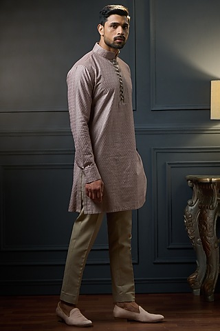 Sand Beige Handspun Silk Kurta by Ritu & Abhishek