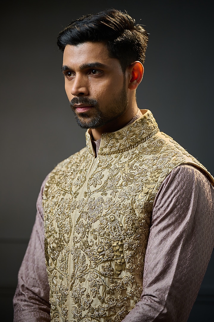 Gold Beige Silk Motifs Embellished Nehru Jacket Set by Ritu & Abhishek at Pernia's Pop Up Shop