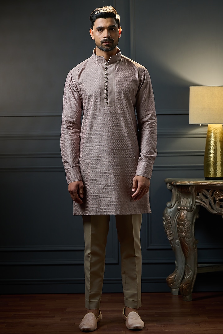 Gold Beige Silk Motifs Embellished Nehru Jacket Set by Ritu & Abhishek at Pernia's Pop Up Shop