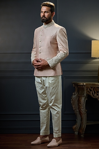 Powder Pink Embroidered Bandhgala Jacket by Ritu & Abhishek