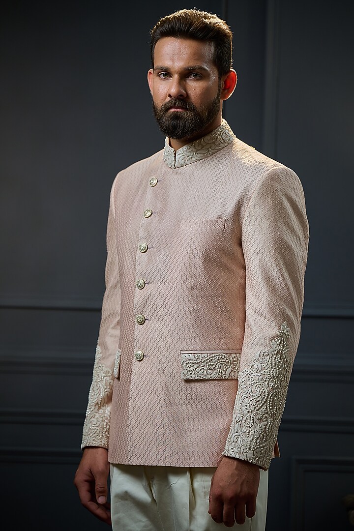 Powder Pink Embroidered Wedding Bandhgala Jacket by Ritu & Abhishek at Pernia's Pop Up Shop