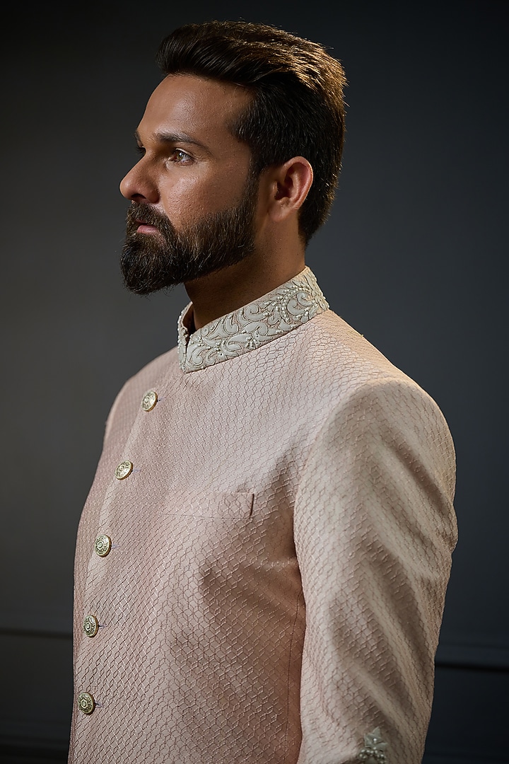 Powder Pink Embroidered Wedding Bandhgala Jacket by Ritu & Abhishek at Pernia's Pop Up Shop